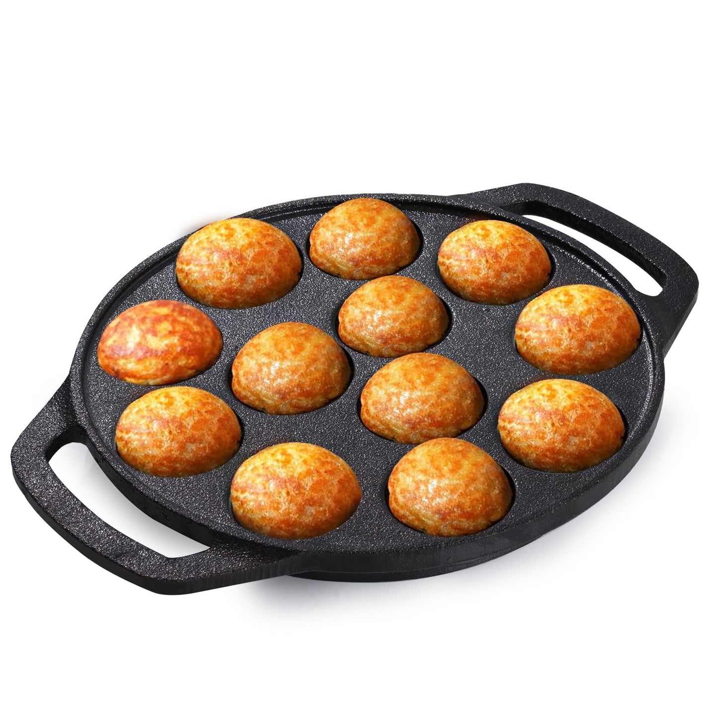 Human Hydro 12-Pit Cast Iron Paniyaram Pan with 4mm Glass Lid and Wooden Spatula 20cm Pre-Seasoned Naturally Nonstick