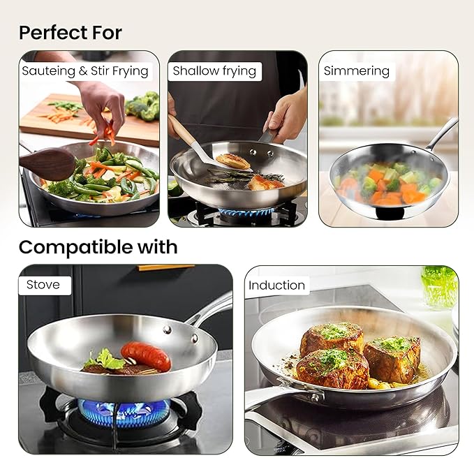 Savya Home Triply Stainless Steel Frying Pan 20 Cm 1.2 L Stove & Induction Cookware