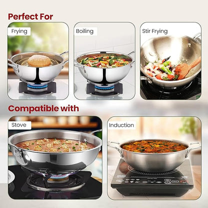 Savya Home Triply Stainless Steel Kadai With Lid 20 Cm Diameter 1.6 L Capacity