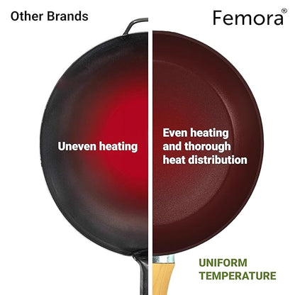 Femora Foged Die Cast Aluminium Non Stick 26 Cm Frypan With Wood Finish Handle | Granite Finish | Induction & Gas Ready