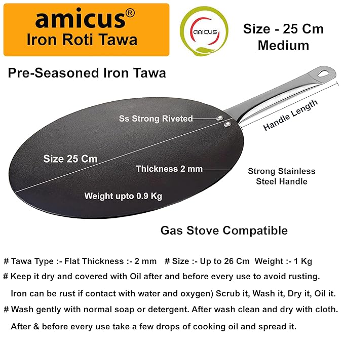 Amicus Kitchen Pre Seasoned Iron Tawa for Roti Chapati Concave Iron Tava with Strong SS Handle 25 Cm 0.9 Kg