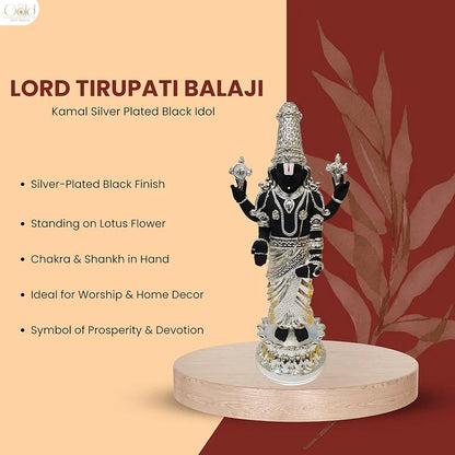 Gold Art India Lord Tirupati Balaji Kamal Silver Plated Black Idol