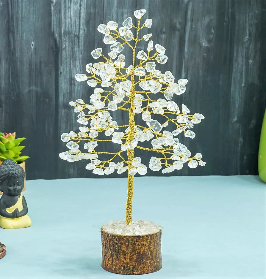 Crocon Clear Quartz Gemstone Money Tree Feng Shui Bonsai Golden Wire