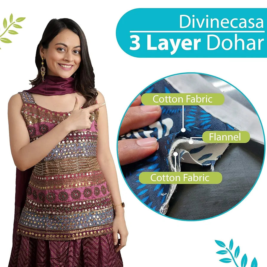 Divine Casa Floret 100% Cotton Double Dohar 120 GSM Soft & Lightweight Throw Blanket Colour Aqua