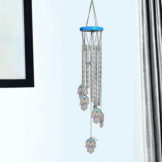 Wind Chimes for Balcony and Home 6 Hamsa Hand 5 Silver Pipe Wind Chime -014