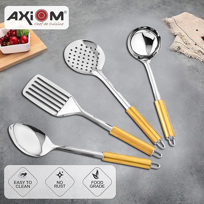 Axiom Kitchen Tools Stainless Steel with Golden Handle Heavy Gauge Non-Stick 4 Piece Set