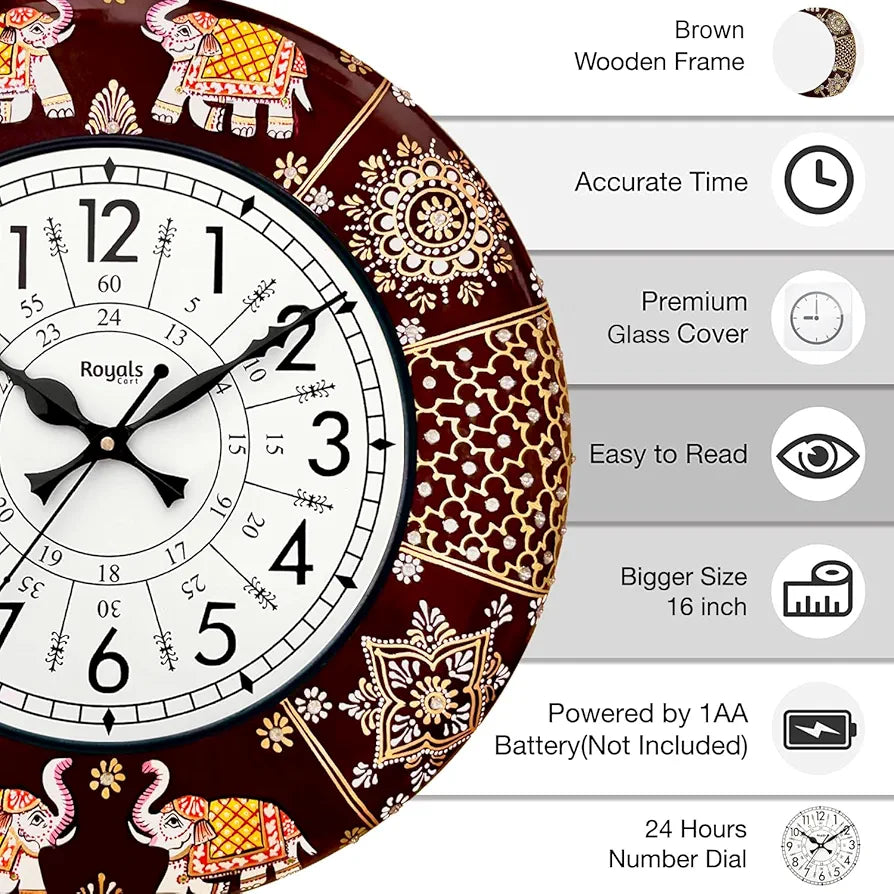 RoyalsCart Ethnic Handcrafted Decorative Analog Wall Clock with Rajasthani Elephant Painting Brown Wooden Clock [KTWC191N] Rajasthani Elephant Painting