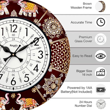 RoyalsCart Ethnic Handcrafted Decorative Analog Wall Clock with Rajasthani Elephant Painting Brown Wooden Clock [KTWC191N] Rajasthani Elephant Painting