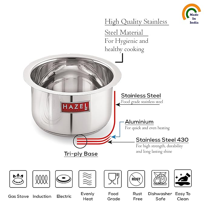 Hazel Induction Base Tope 22.5 cm with 3300 ml Capacity Stainless Steel Induction Bottom