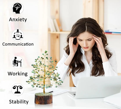 Crocon Green Aventurine Gemstone Money Tree Feng Shui Bonsai Golden Wire