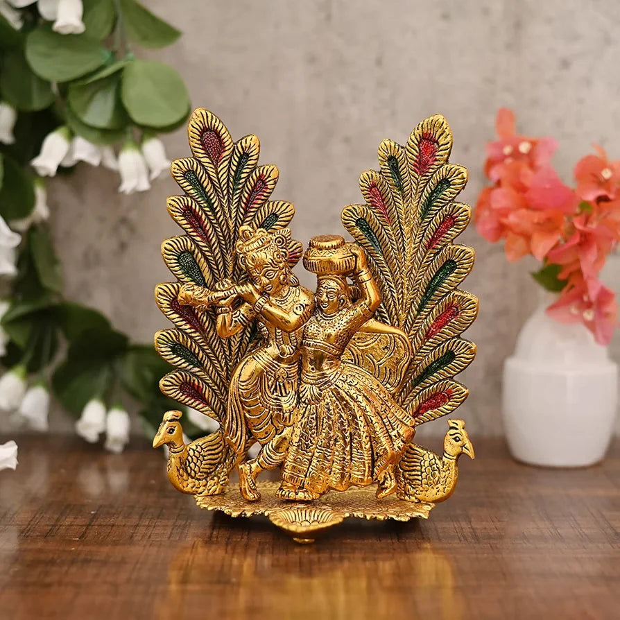 Chhariya Crafts Metal Radha Krishna Idol Statue With Diya Peacock Design Decorative Showpiece