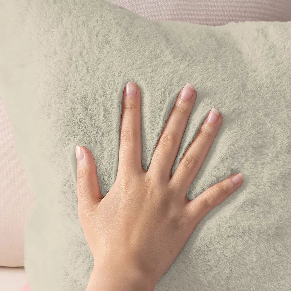 Luxe Home Cushion Cover One Side Rabbit Fur Plain Design Covers Set of 2 Colour Beige
