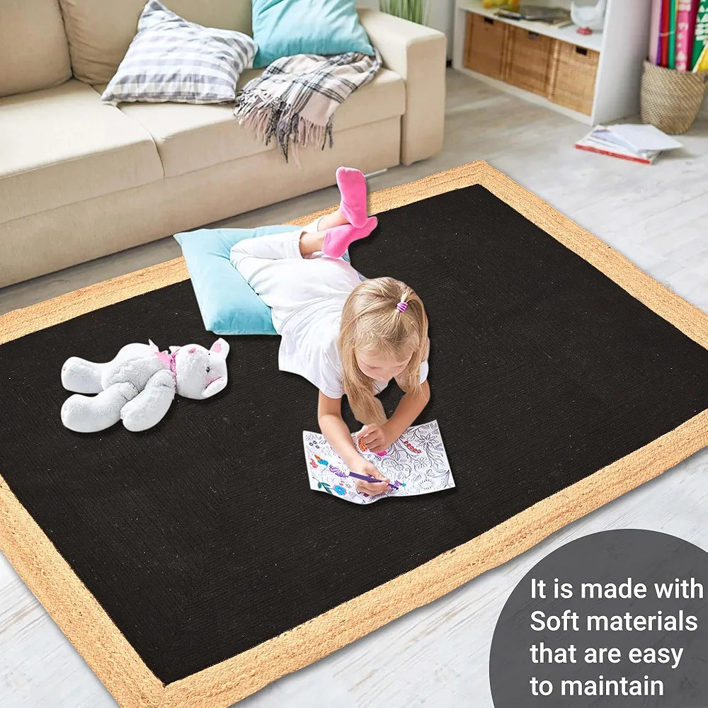 Kuber Industries 5x7 Feet Reversible Carpets for Living Room Machine Washable Border Black & Beige