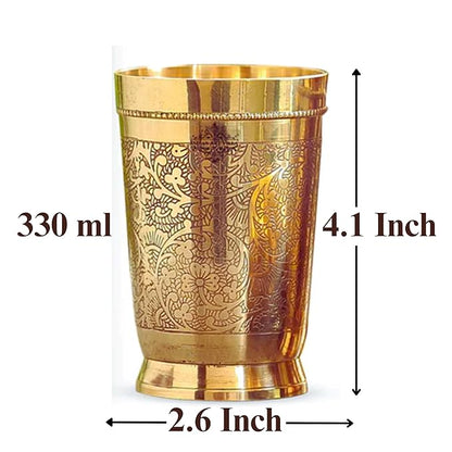 Indian Art Villa Pure Brass Glass Tumbler With Embossed Design For Drinking Serving Water