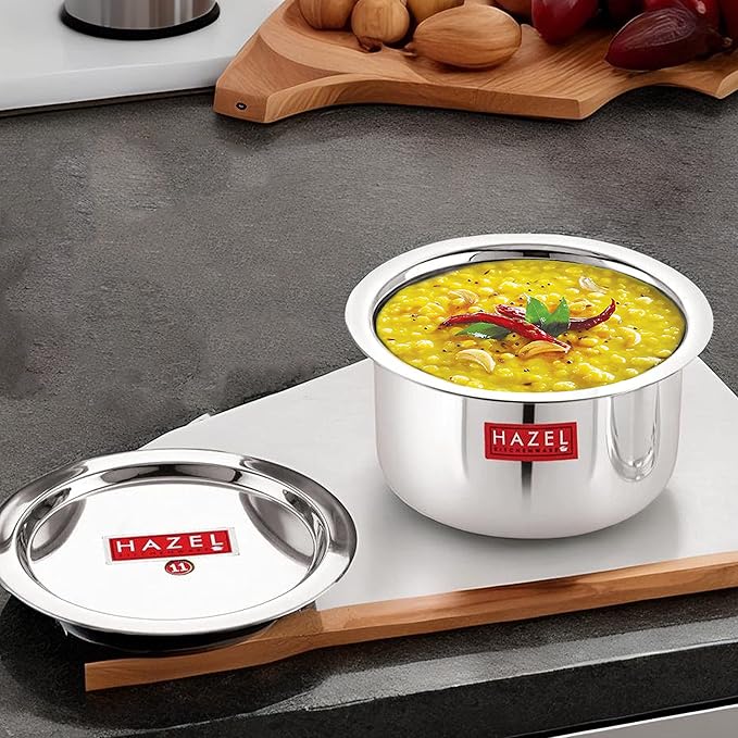 Hazel Stainless Steel Tope Patila with Lid 18 cm 1.4 Litre Capacity Flat Bottom Boiling Vessels Bhagona Dekchi