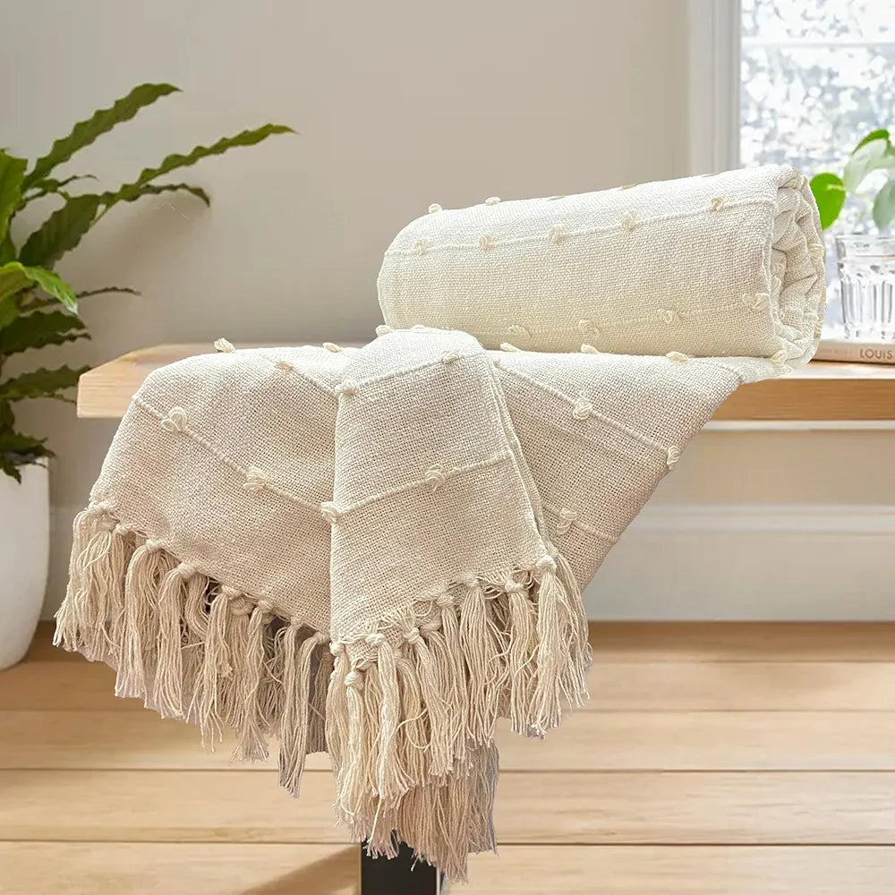Sajavat Home Hand-Knitted Pure Cotton 3 Seater Sofa Throw  Colour Beige