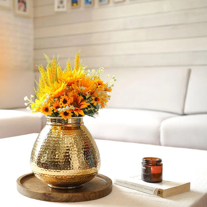 Behoma Matki Shape Metal Flower Vase Hammered Metal Flower Pot Golden Flowers not Included