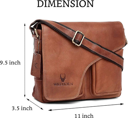 WildHorn�Leather 11 inch Laptop Messenger Bag for Men I Dedicated Laptop Compartment I Adjustable Strap I DIMENSION:L- 11 inch H-9.5 inch W- 3 inch