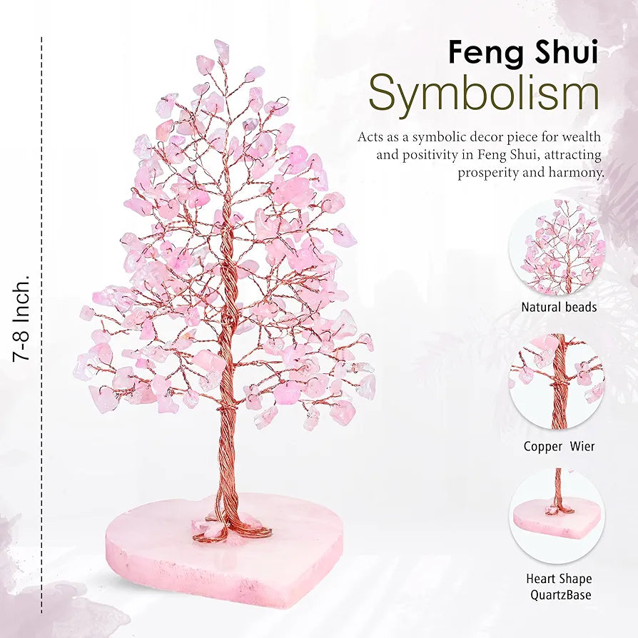 Zaicus Rose Quartz Heart Base Feng Shui Gemstone Bonsai Tree with Healing Crystals