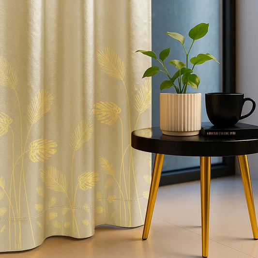 Urban Space Blackout Curtains for Living Room, Gold Foil Printed Luxurious Blackout Decorative Window Curtain Eyelet with Tieback, 1 Piece Aurika Beige Colour