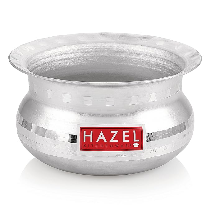 Hazel Aluminium Handi with Lid Machine Hammered Finish Biryani Rice Cooking Pot Gol 15.5 cm 1200 Ml Silver
