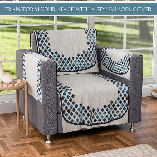 Kuber Industries Set of 16 Velvet Anti-Skid Sofa Cover 5-Seater with Arm Cover Dot Border Grey & Blue