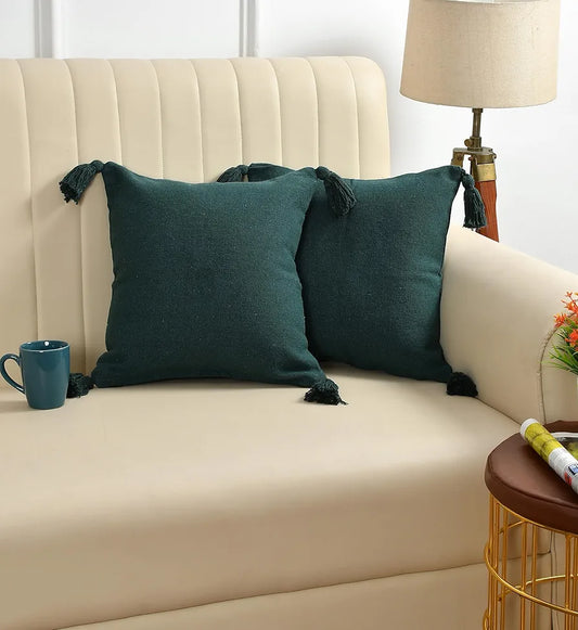 Sashaa World 100% Cotton Cushion Covers Colour Green With Tassels/decorative Throw Pillow( Set Of 2)