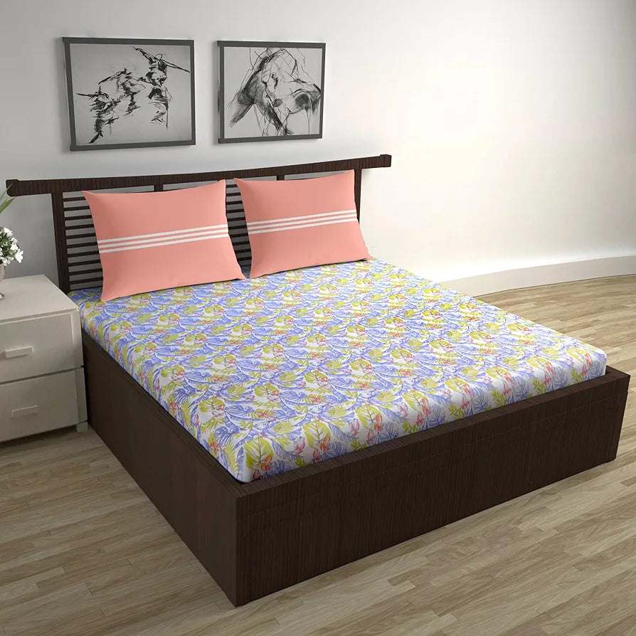 Divine Casa 144 TC Cotton Double Bedsheet with 2 Pillow Covers Tropical Breeze Colour Lavender Gold