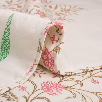 Huesland 100% Cotton Reversible Dohar Single Bed Cotton | Soft Cambric Weave, All Weather Light Ac Blanket Botanical Fusion - Ivory, Brown & Pink