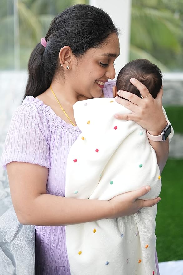Haus & kinder Cotton Knitted Blanket for New Born Baby 0 to 2 Years | Polka Blanket (White)