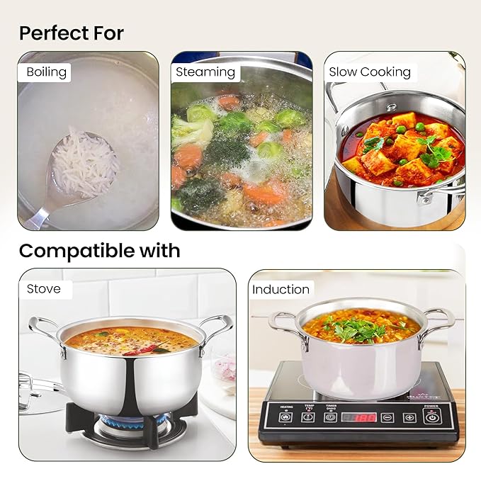 Savya Home Triply Stainless Steel Tope Patila with Lid Handi Casserole with lid 3L 20 cm