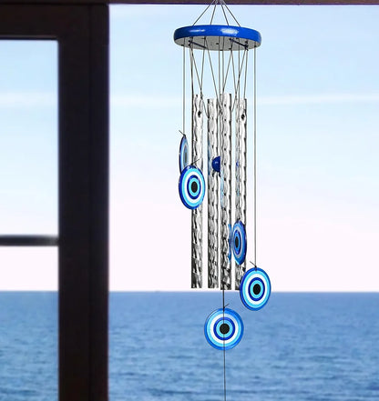Evil Eye Wind Chimes for Home and Garden 4 Silver Pipe Wind Chime -015