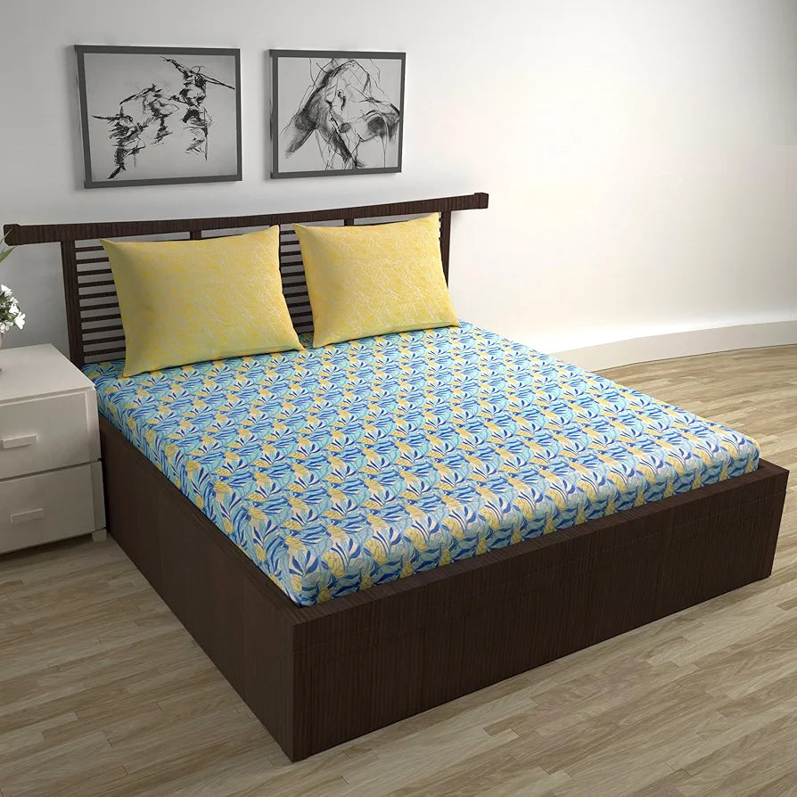 Divine Casa 144 TC 100% Pure Cotton Double Bed Bedsheet with 2 Pillow Covers Tropical Floral Colour Blue Yellow