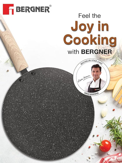 Bergner Earth Black Non-stick 26 Cm Concave Tawa | Wooden Finish Soft Touch Handle | 3mm Thickness | Consumes Less Oil