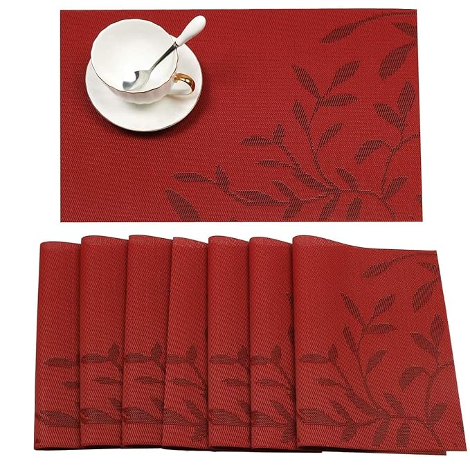 Leeonz PVC Reversible Vinyl Washable Table Mats for Dining Table Set of 8 Placemats Red PLC03-B