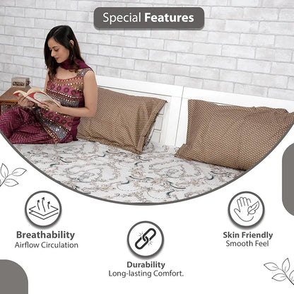 Divine Casa 144 TC King Size Bedsheet Set 100% Pure Cotton Fade Resistant 2 Pillow Covers Colour Ivory Gold