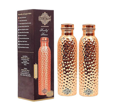 Indian Art Villa Pure Copper Water Bottle With Hammered Shine Finish Design