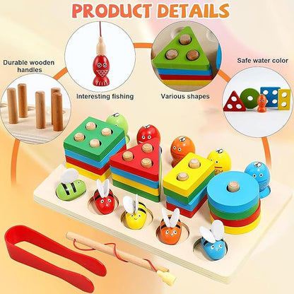 Kidology Montessori Toys for 1+ Year Old Wooden Shape Sorting & Toddler Fishing Toys