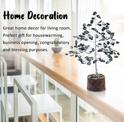 Crocon Black Tourmaline Gemstone Money Tree Feng Shui Bonsai Silver Wire