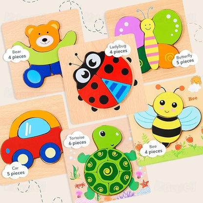 Kidology Wooden Jigsaw Puzzle Set 6-Pack Animal Shape Montessori Toy