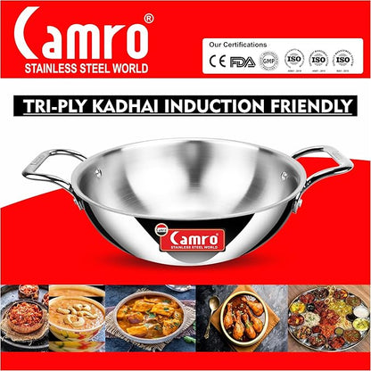 Camro Triply Artisian Kadhai 28 Cm 4.4 Liters kadhai Steel Stainless Kadhai for Deep Frying