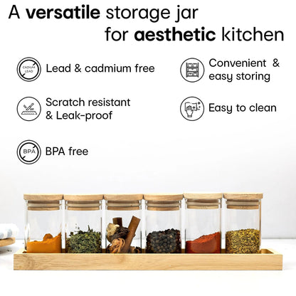 Anko Set of 6 Glass Spice Jars with Wooden Tray | 90ml | Airtight | Rubberwood Lid | Brown