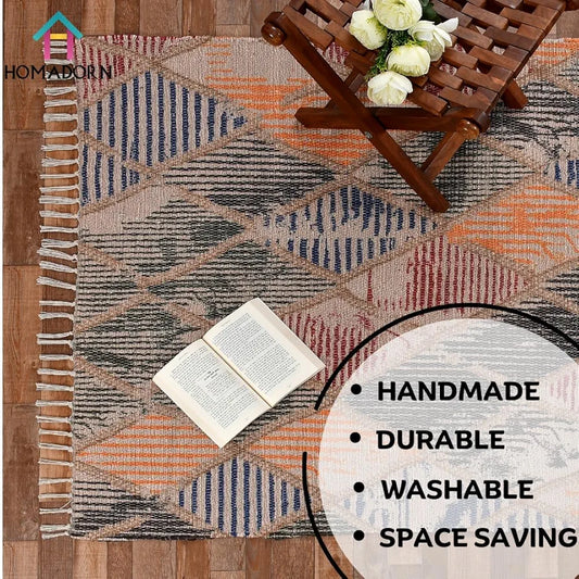 Homadorn Handmade Sustainable Printed Modern Dhurrie/Rugs/Carpet Colour Multicolor 023