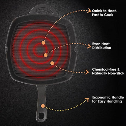 Solara Premium Pre-seasoned Cast Iron Grill Pan With Long Handle | 24 Cm | Induction Friendly | Toxin-free Tandoor Grill Pan