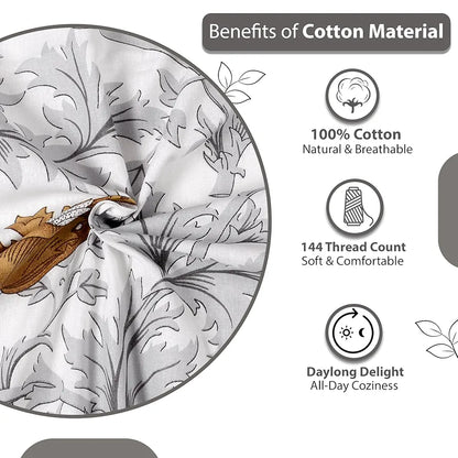 Divine Casa Double Size Bedsheet for Double Bed 144 TC Pure Cotton Queen Size with 2 Pillow Covers Floral Colour Amber Grey