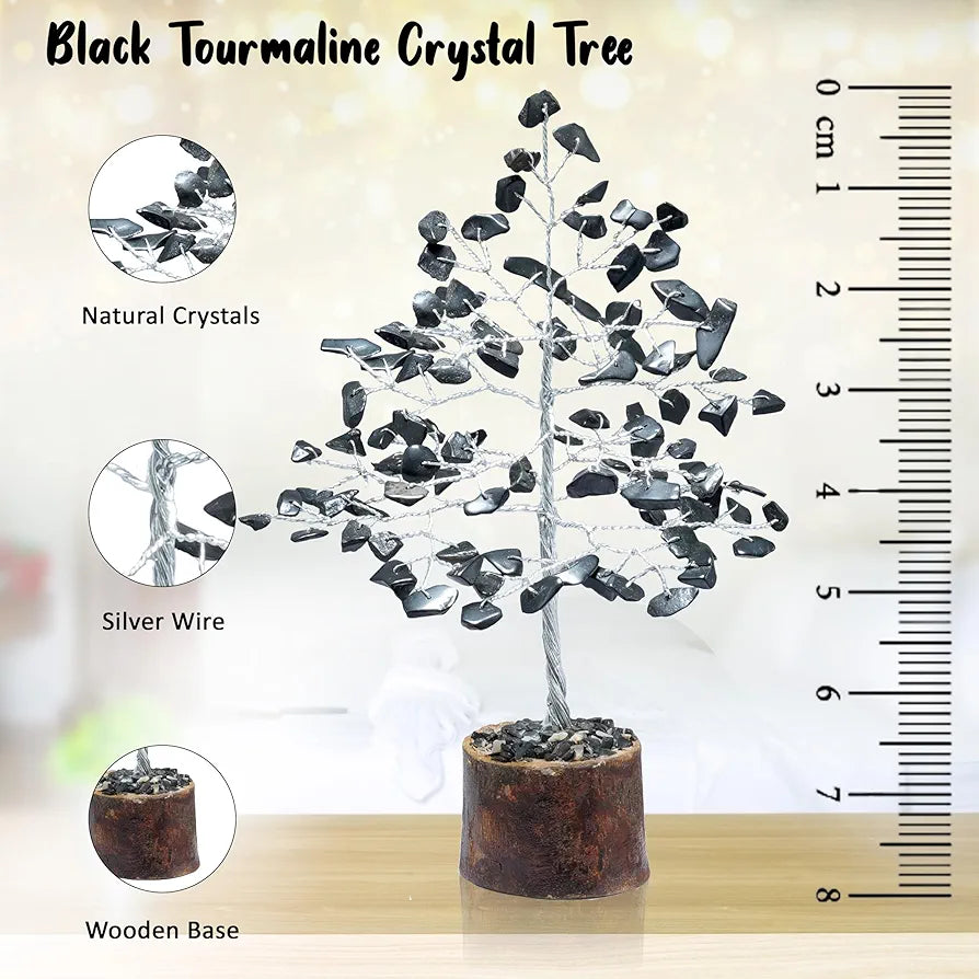 Crocon Black Tourmaline Gemstone Money Tree Feng Shui Bonsai Silver Wire