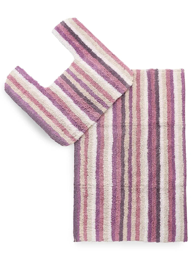 Sashaa World Striped Anti Skid Bathmat & Contour Set Colour Pink And White Striped
