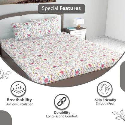 Divine Casa 144 TC Cotton White Jaipuri Bedsheets for King Size with 2 Pillow Covers Colour Liberty Pink