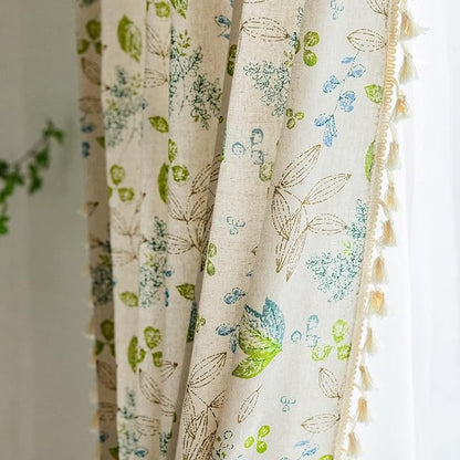 Huesland Cotton Curtains for Door, 7 Feet Long 1 Bohemian Eyelet Curtain | Green Leaf Floral