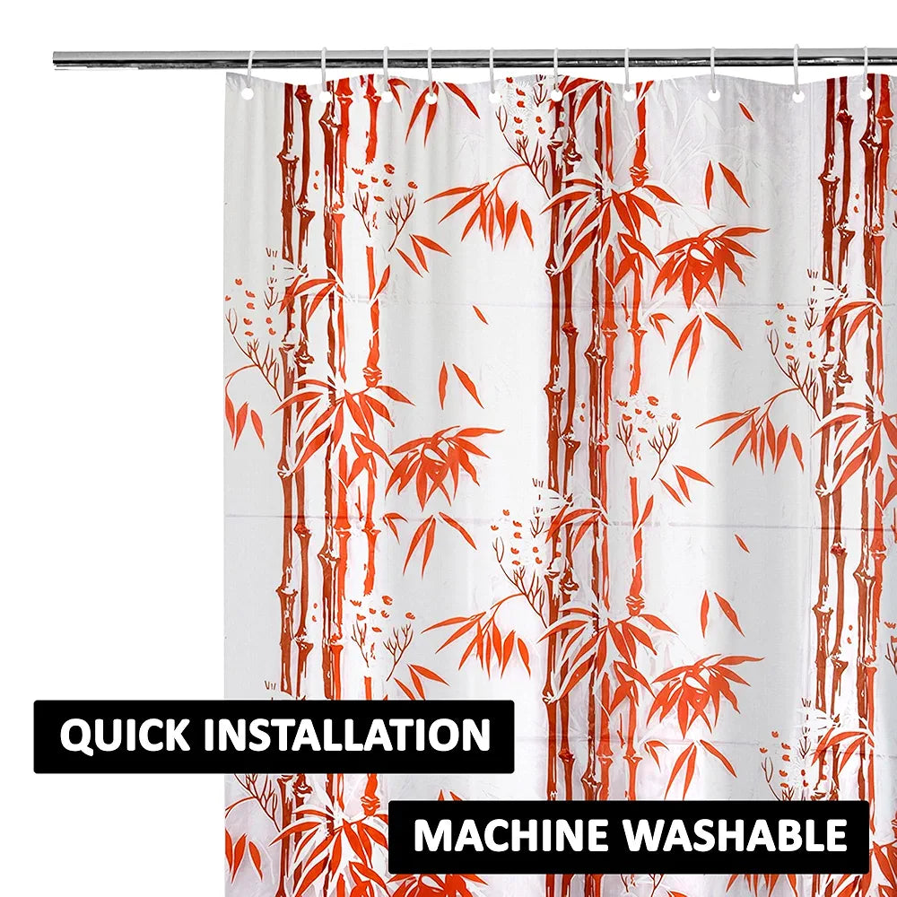 Kuber Industries Shower Curtain Bathroom Shower Curtain 8 Rings Curtain Bamboo Print Orange